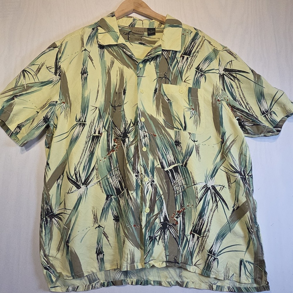 AXIST Men's XL 100% Silk Hawaiian Camp Shirt Bamboo Print Button Front Aloha